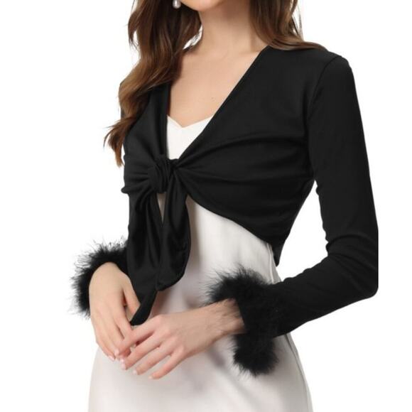 Unknown Jackets & Blazers - Black Sheer Tie Front Cardigan Jacket Cropped Real Feather Cuffs Tie Front sz s